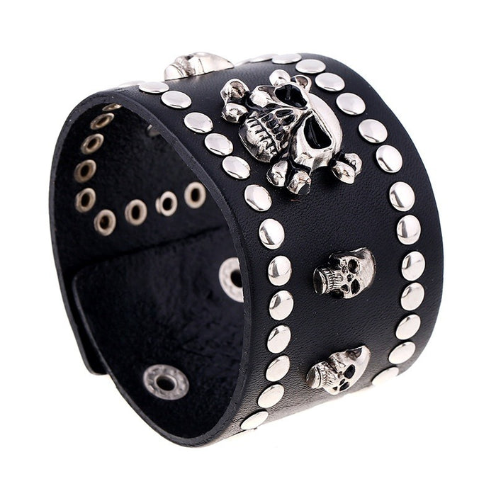 Vintage Punk Wide Cowhide Leather Bracelet For Men, Genuine Leather Skull Wristband