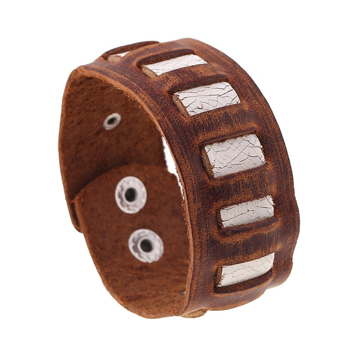 Punk Vintage Genuine Cowhide Leather Bracelet For Men, Retro Wide Wristband Jewelry