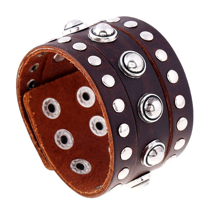 Vintage Punk Men's Genuine Cowhide Wide Leather Bracelet With Alloy Studs For Jewelry