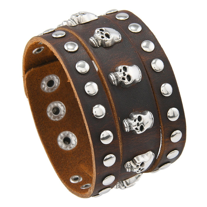 European American Export Punk Vintage Cowhide Wide Genuine Leather Skull Bracelet For Men