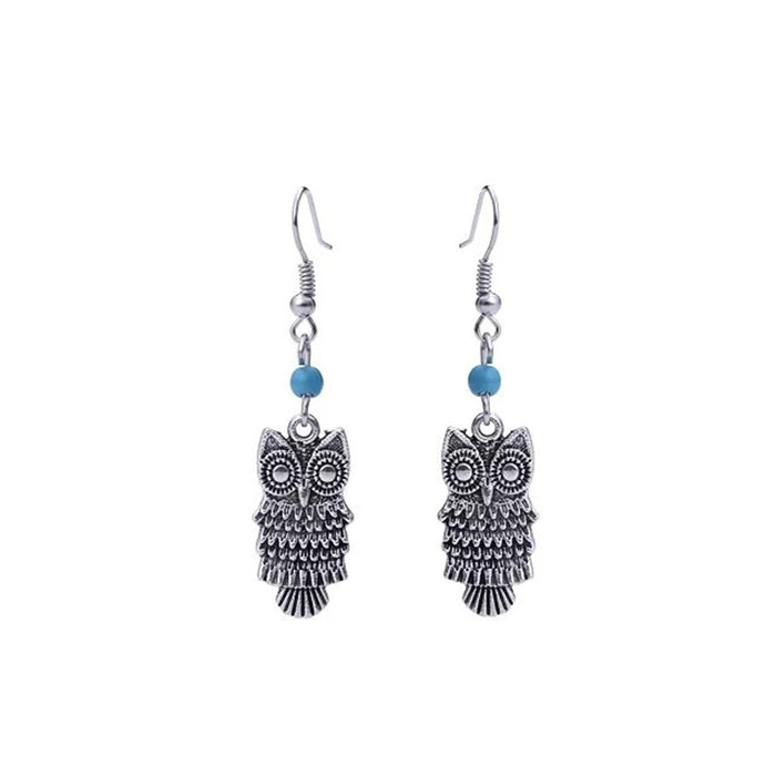 Vintage Alloy Owl Dangle Earrings With Turquoise Bead Bohemian Ethnic Drop Earrings