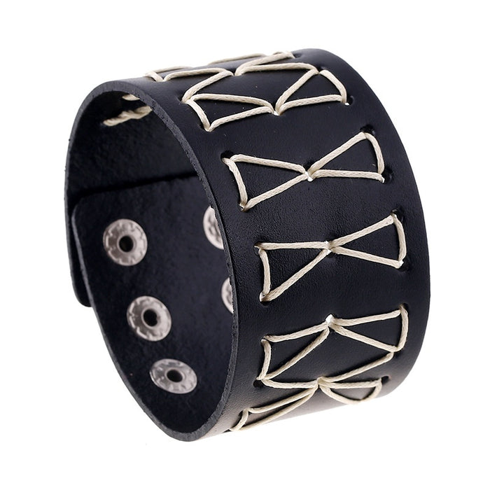 European American Export Punk Vintage Braided Cowhide Wide Genuine Leather Bracelet For Men