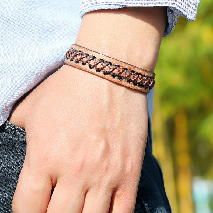 Vintage Distressed Braided Genuine Leather Bracelet Simple Punk Style Men's Accessory