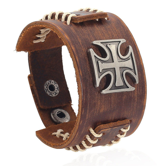 European American Punk Wide Leather Bracelet Trendy Braided Multilayer Adjustable Vintage Wristband