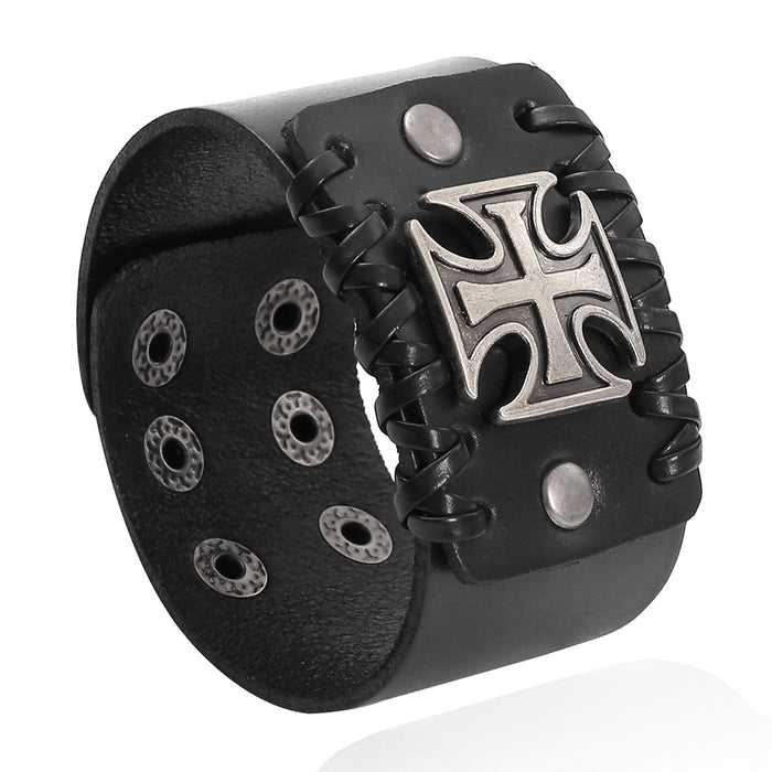 Punk Hip Hop Cowhide Leather Bracelet For Men, Vintage Cross Wristband Bangle