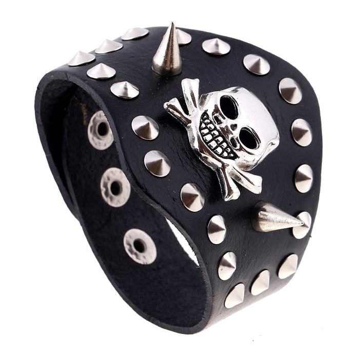 Punk Rivet Skull Cowhide Leather Bracelet For Men, Wide Genuine Leather Cuff Bangle Jewelry