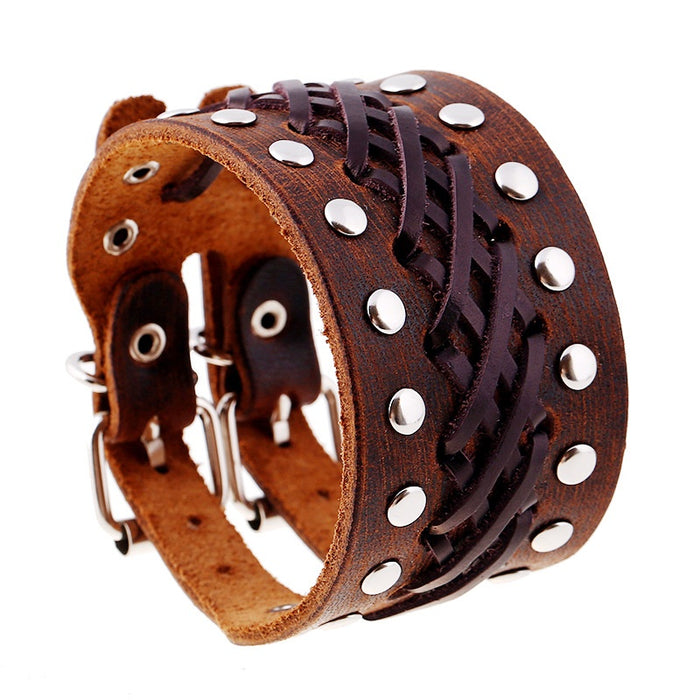 Punk Rivet Vintage Braided Cowhide Wide Genuine Leather Bracelet For Men