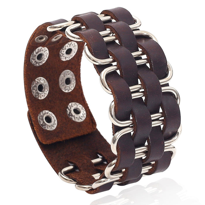 Men's Wide Brown Genuine Leather Bracelet, Punk Rock Bangle Fashion Motorcycle Riding Accessory