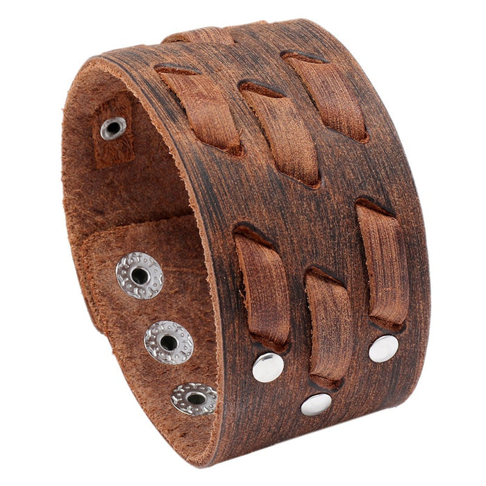 New Cross Border Simple Personalized Vintage Cowhide Leather Punk Wide Bracelet Cuff For Men