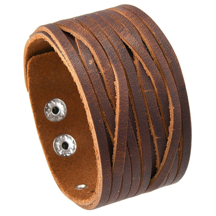 European American Punk Wide Braided Cowhide Leather Bracelet Vintage Double Layer Adjustable Biker Wristband