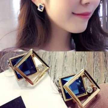 Elegant Korean Style Gold Alloy Square Blue Crystal Rhinestone Geometric Fashion Stud Earrings