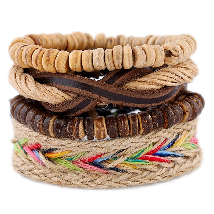 Handmade Vintage Multilayer Cowhide Leather Bracelet Four Piece DIY Set With Coconut Shell