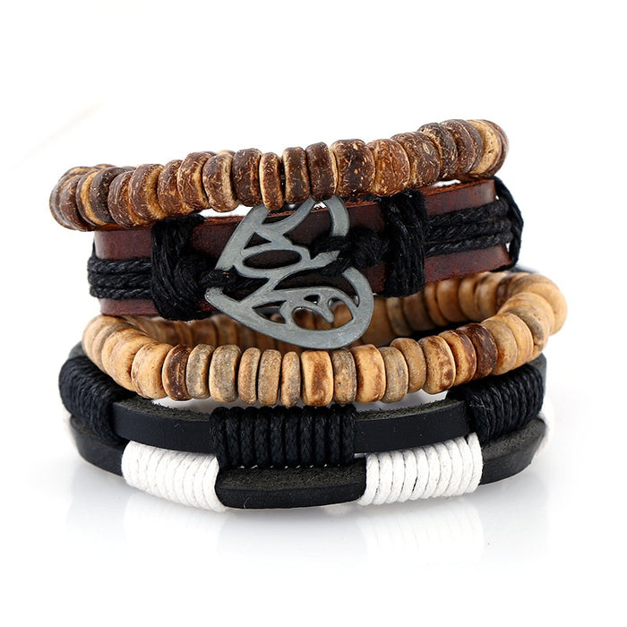 European Simple Vintage DIY Braided Cowhide Leather Coconut Shell Hemp Rope Bracelet For Men