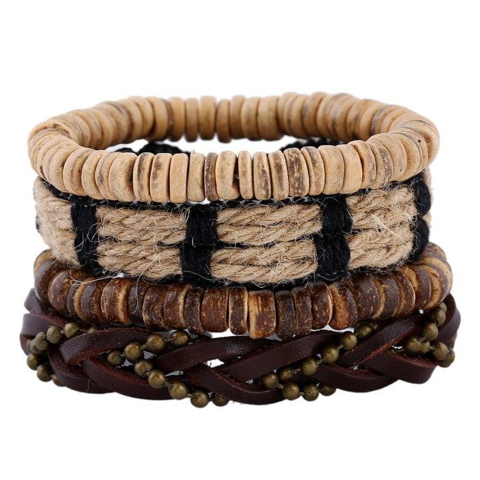 Vintage Braided Cowhide Leather Bracelet Set For Men DIY Coconut Shell Wristband
