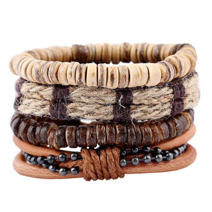 Men's Simple Vintage DIY Braided Cowhide Leather Coconut Shell Hemp Rope Bracelet Set