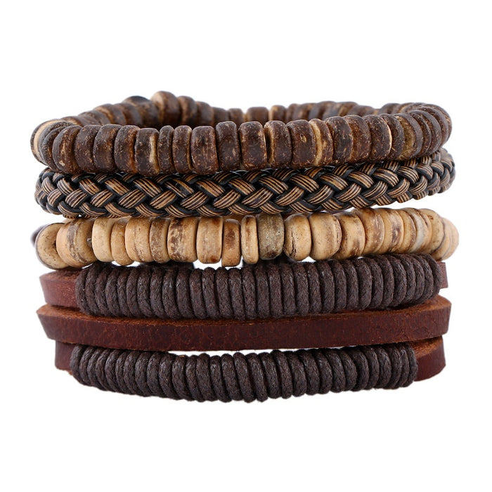 Simple Vintage DIY Braided Cowhide Leather And Coconut Shell Bracelet Set With Hemp Rope