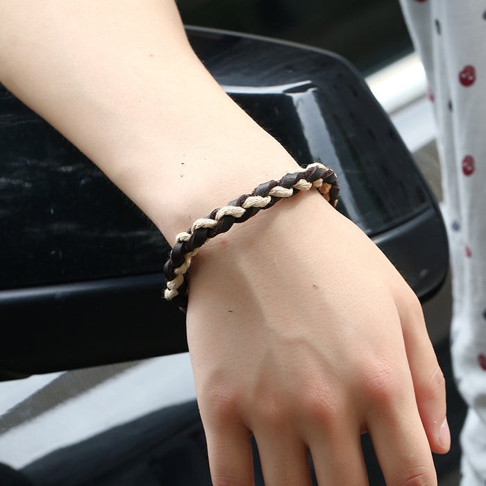 Punk European American Vintage Braided Hemp Rope Cowhide Leather Bracelet For Men