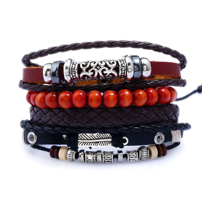 European Vintage DIY Braided Cowhide Leather Beaded Hemp Rope Alloy Bracelet For Men