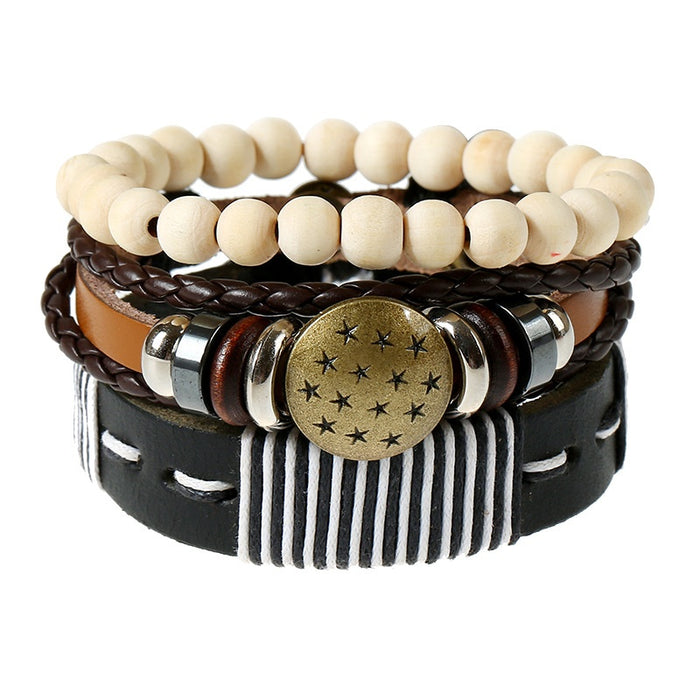 Vintage DIY Braided Cowhide Leather Bracelet Set For Men Punk Hemp Rope Jewelry
