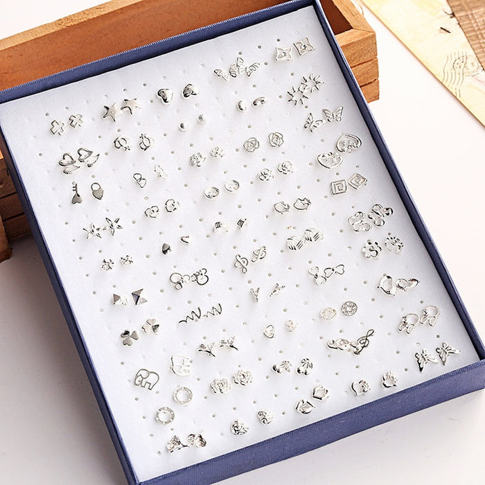 Korean 50 Pairs Boxed Mixed Tiny Studs With Hollow Flowers Stars Hearts Alloy Rhinestone Earrings