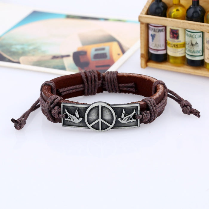 Vintage Braided Alloy Peace Sign Cowhide Leather Bracelet Handmade Rope Wristband Jewelry