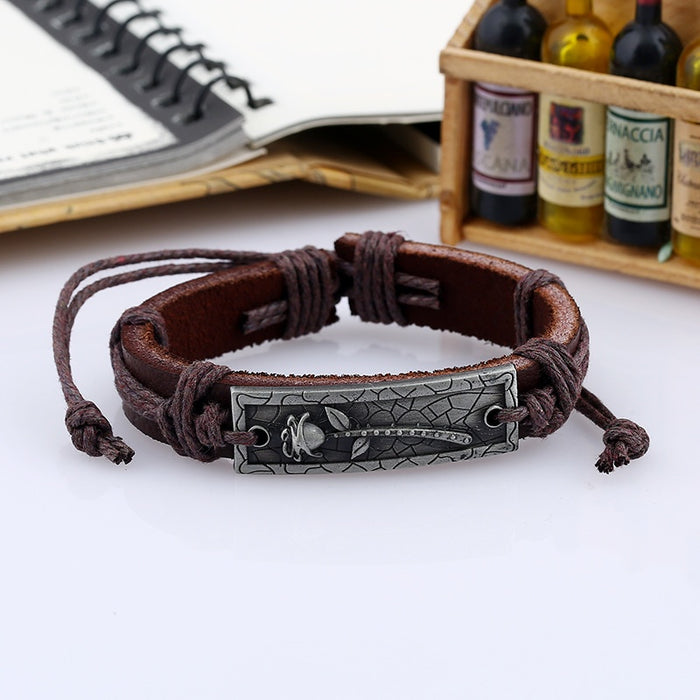 European American Punk Vintage Alloy Rose Handmade Braided Genuine Leather Cowhide Bracelet