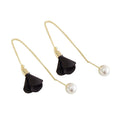 Elegant Women's Long Threader Tassel Pearl And Black Flower Drop Alloy Chain Dangle Earrings view 5
