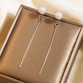 Elegant Pearl Stud Long Drop Alloy Bar Chain Korean Fashion Women Dangle Earrings view 1