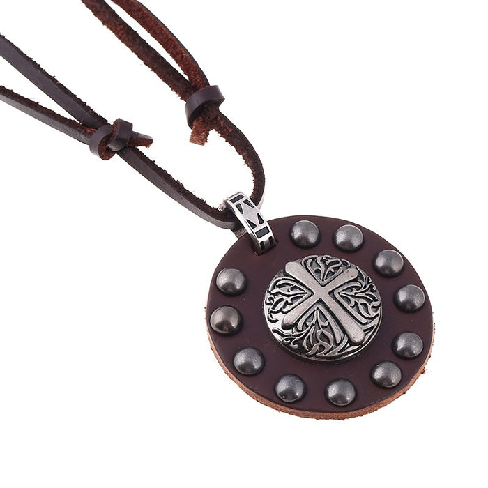 Retro Punk Long Cowhide Leather Cord Necklace With Alloy Cross Pendant For Men