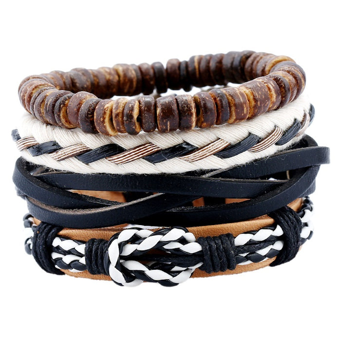 European Retro DIY Braided Cowhide Leather Hemp Rope Punk Bracelet Set For Men