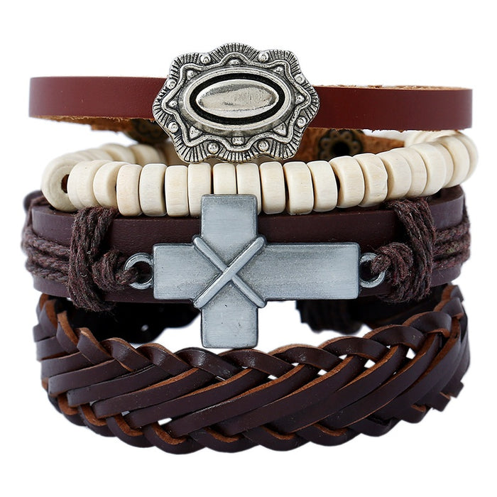 Handmade Braided Vintage Genuine Leather Bracelet Four Piece DIY Set European American Jewelry