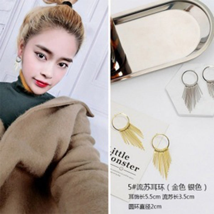 Elegant Korean Alloy Round Hoop Tassel Fringe Drop Studs For Women Vintage Geometric Statement Earrings