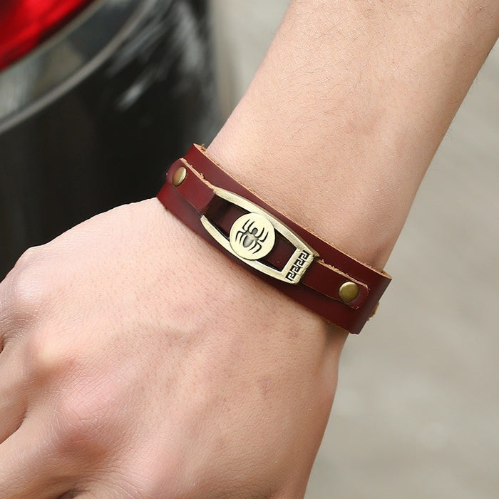 European American Vintage Cowhide Leather Bracelet With Alloy Spider Charm For Men