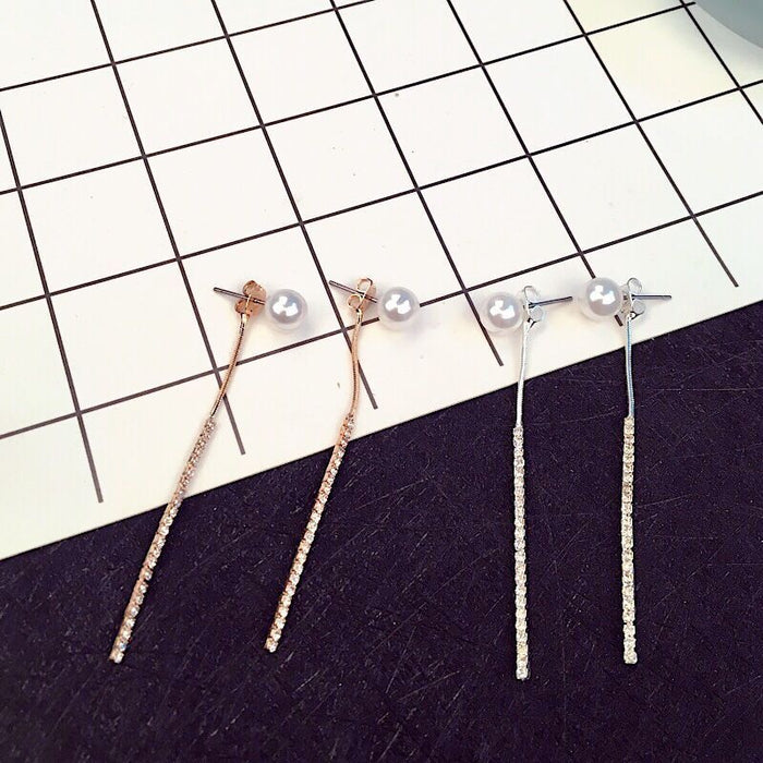 Elegant Korean Style Alloy Pearl Stud With Rhinestone Chain Tassel Back Hanging Pendant Earrings