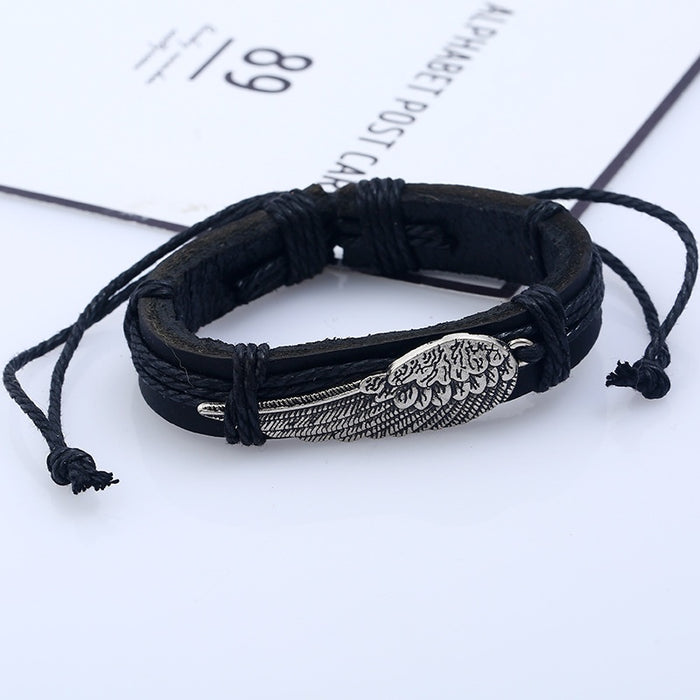 Punk Alloy Wing Charm Handmade Braided Cowhide Leather Bracelet For Men Jewelry