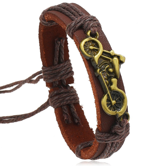Simple Vintage Braided Genuine Leather Cuff Bracelet Alloy Motorcycle Cowhide Men's Jewelry Open Bangle