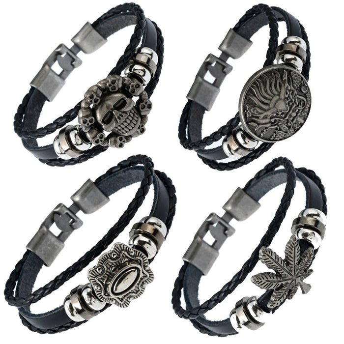 European And American Punk Braided Cowhide Bracelet For Men, Snap Button Leather Bracelet