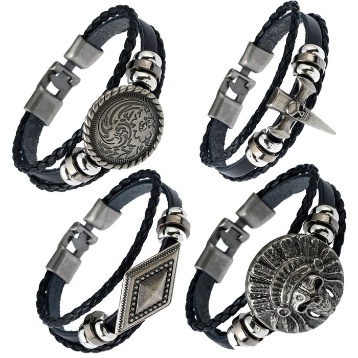 Men's Braided Genuine Cowhide Leather Bracelet With Buckle And Skull Head, Export Fashion Jewelry