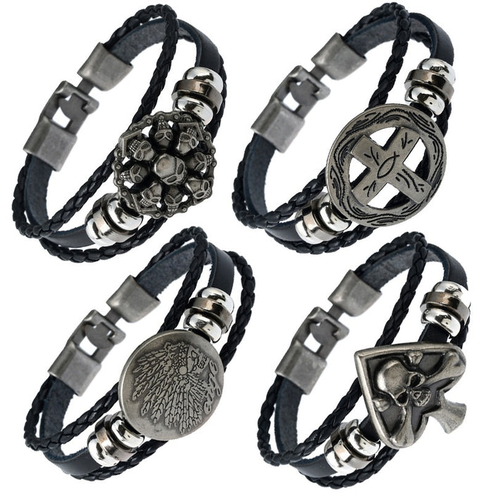 Men's Braided Genuine Cowhide Leather Bracelet With Buckle And Skull Head, European Style Jewelry