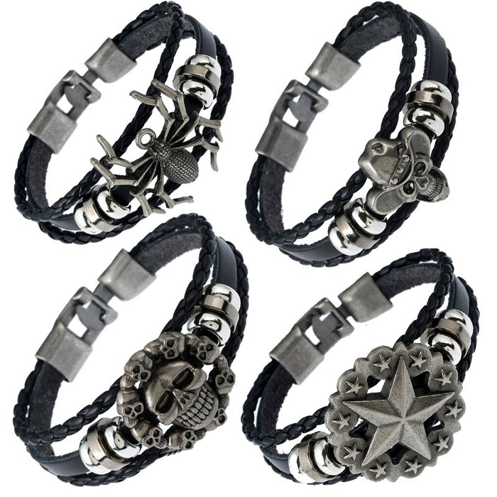 European American Mens Braided Genuine Leather Bracelet With Skull Buckle