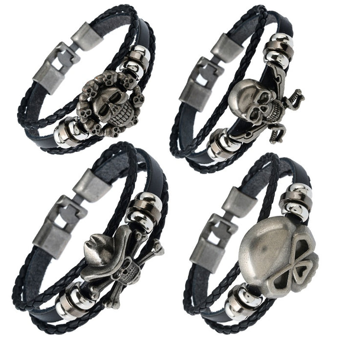 Simple Braided Buckle Leather Bracelet With Halloween Skull Head, Fashion Wristband