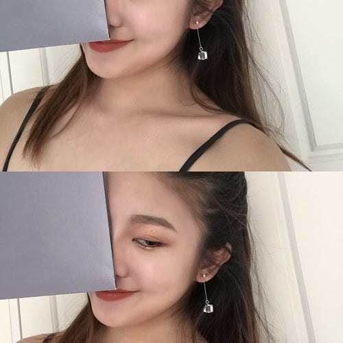Elegant Korean Style Long Drop Studs With Square Clear Crystal Pendant And Slim Alloy Bar Earrings