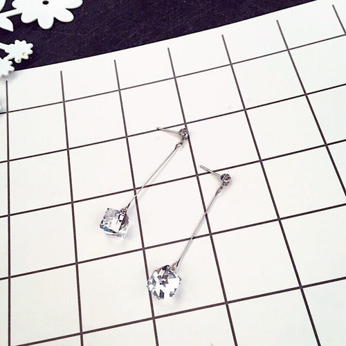 Elegant Korean Style Long Drop Studs With Square Clear Crystal Pendant And Slim Alloy Bar Earrings