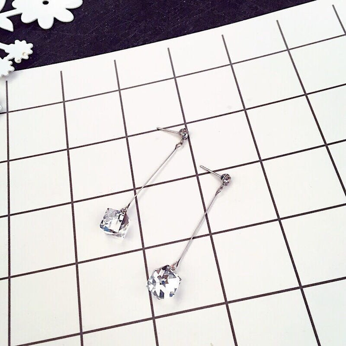 Elegant Korean Style Long Drop Studs With Square Clear Crystal Pendant And Slim Alloy Bar Earrings