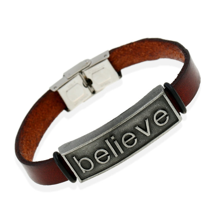Adjustable European Punk Vintage Genuine Cowhide Bracelet With Believe Letter Charm