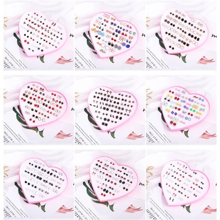 36 Pairs Heart Boxed Korean Enamel Acrylic Alloy Mini Stud Earrings Set For Women Earrings