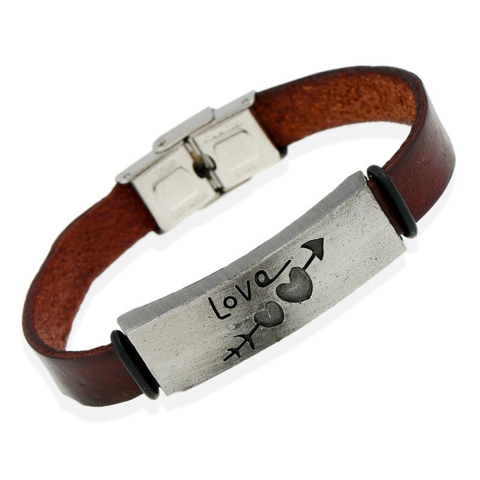 Arrow Through Heart Alloy Vintage Cowhide Leather Couple Bracelet Gift With Stainless Steel Clasp