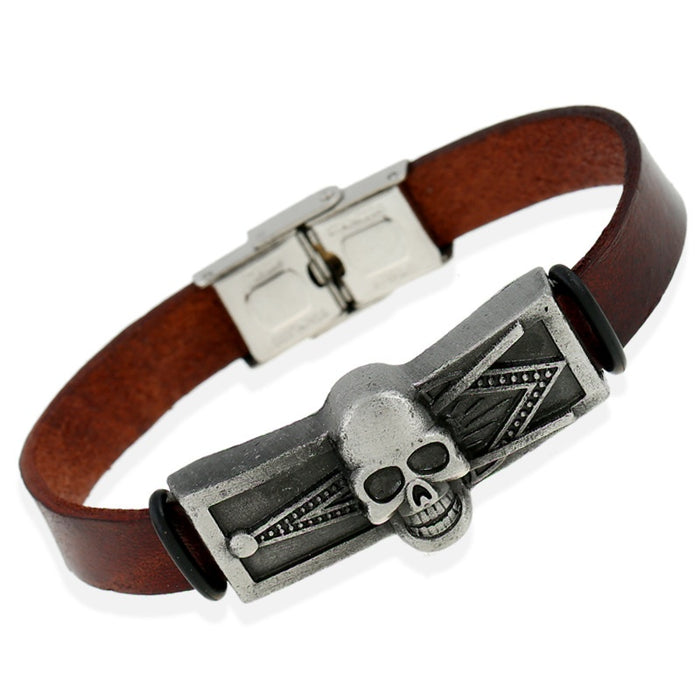 European American Popular Vintage Genuine Cowhide Leather Bracelet For Men With Skull Head