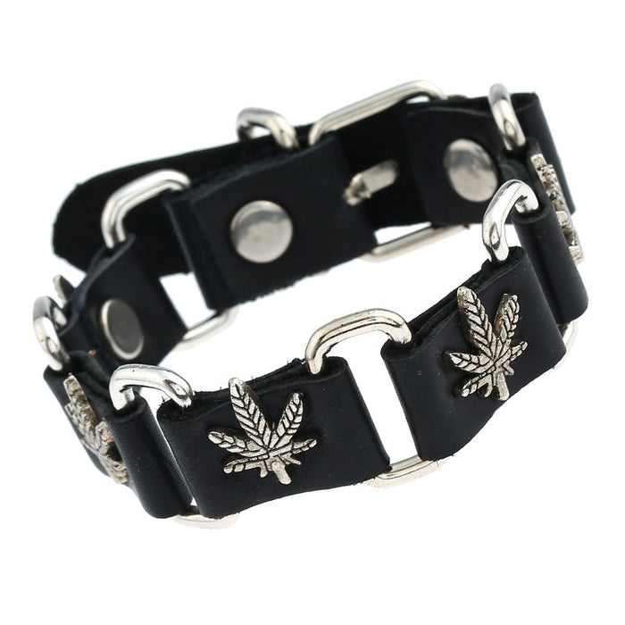 European American Punk Cowhide Leather Bracelet With Alloy Maple Leaf Charm