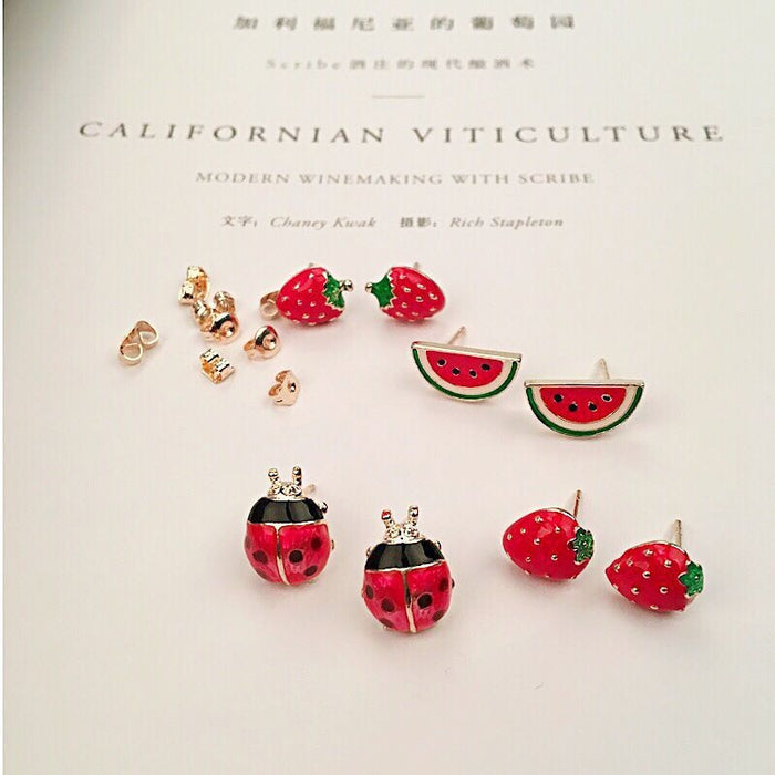 Korean Alloy Enamel Strawberry Watermelon Ladybug Rhinestone Fruit Stud Earrings